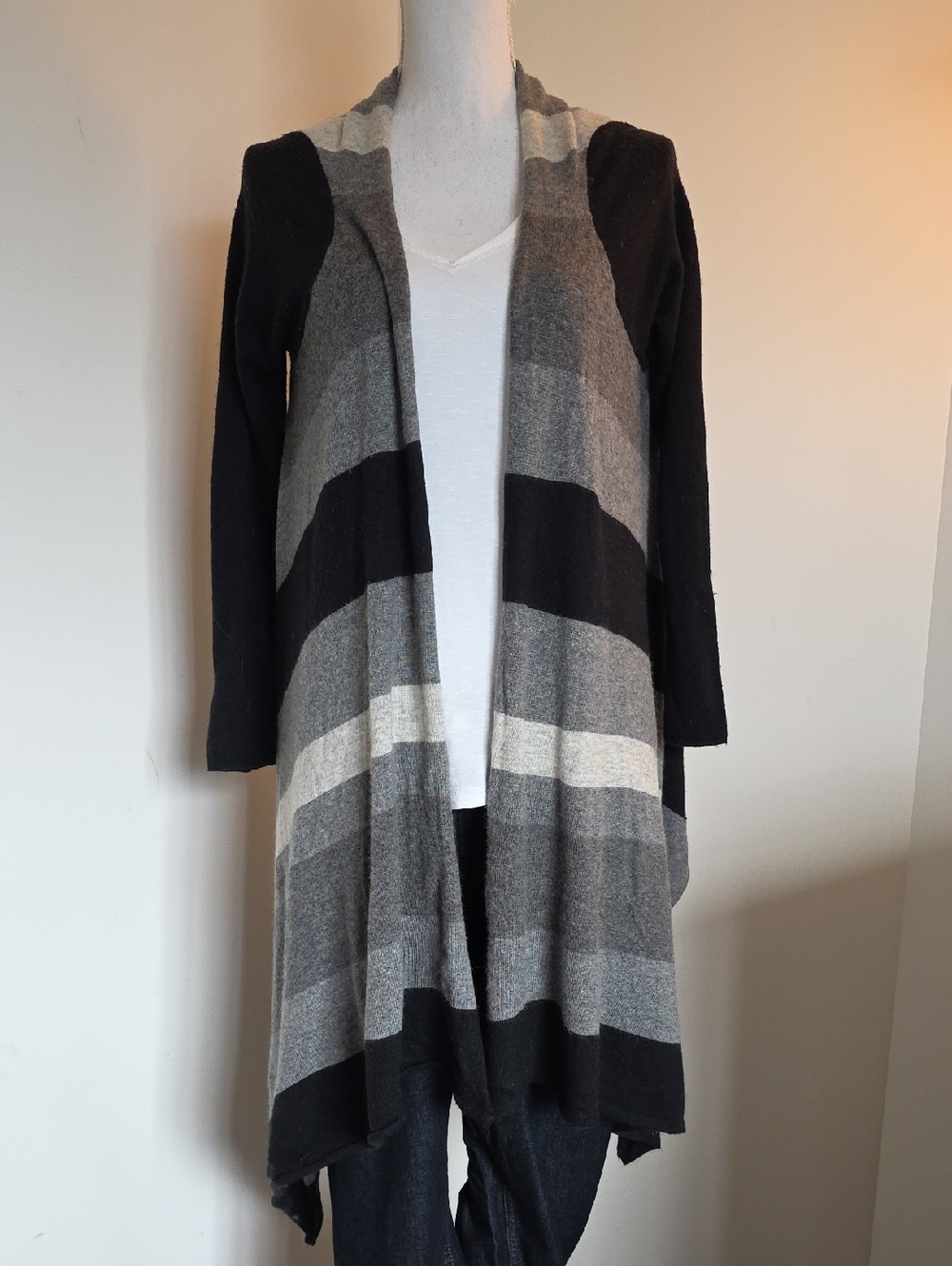 Striped Open Front Cardigan - Black, Gray, Light Gray